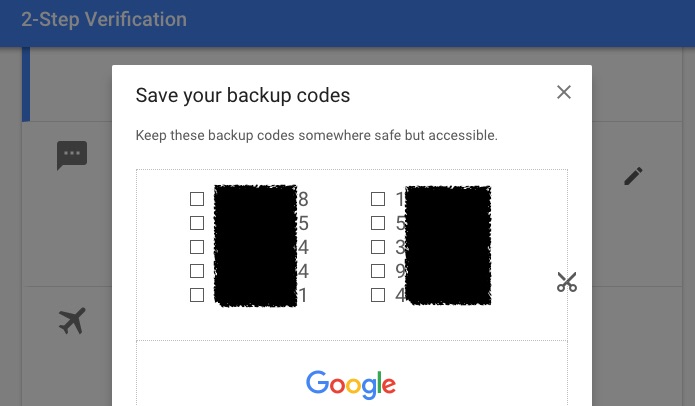 Google Save your backup code