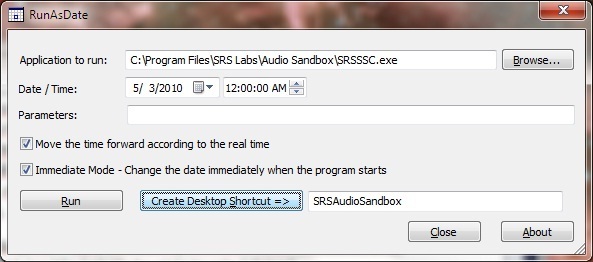 SRS Audio Sandbox - Run As Date