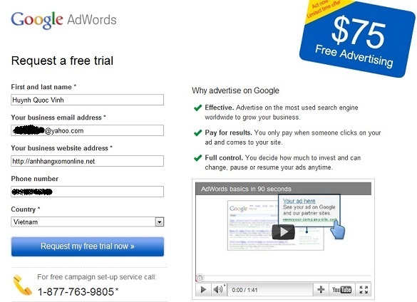 Nhận $75 để quảng cáo miễn phí trên Google